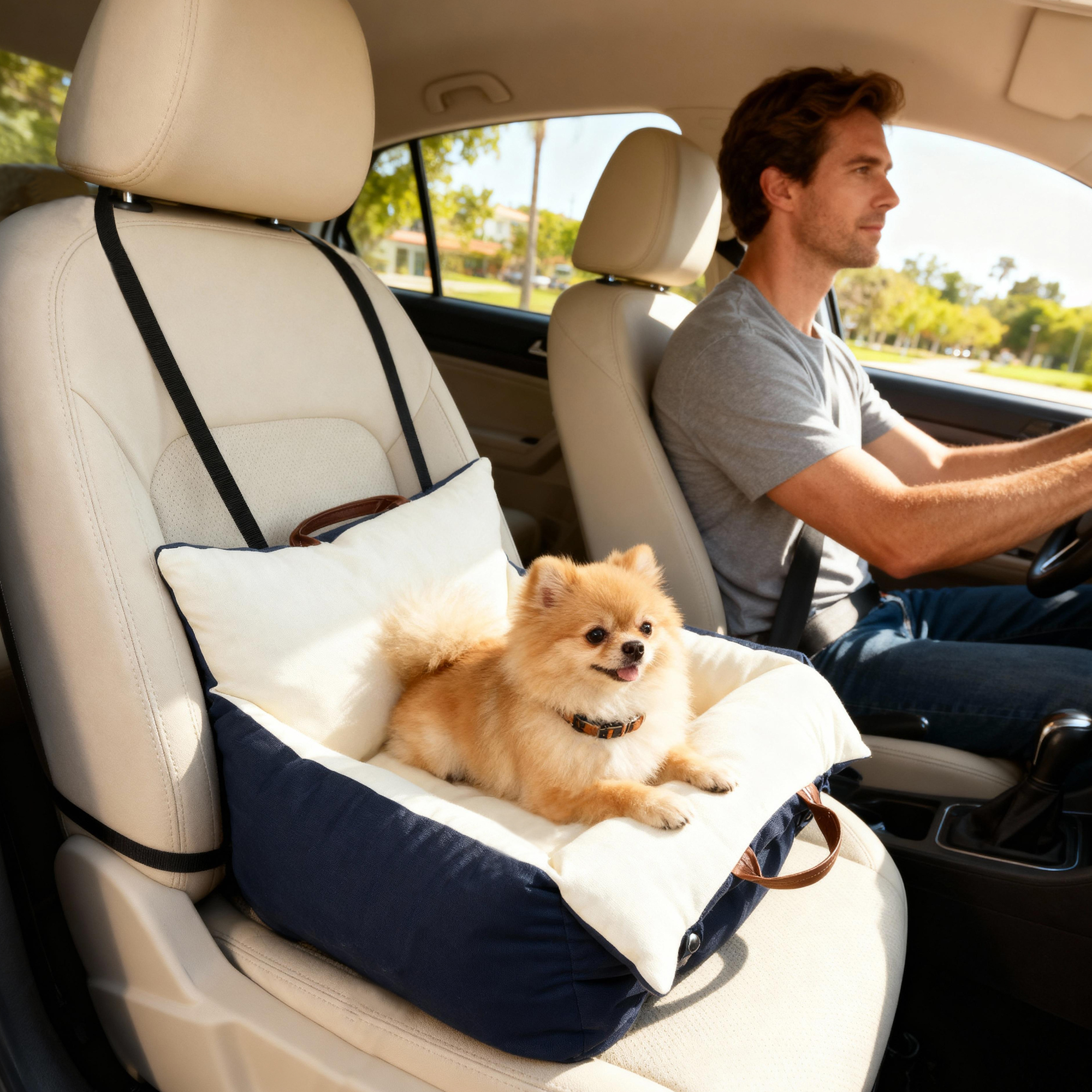 Seggiolino auto per cani blu - Vista retro e cinghie