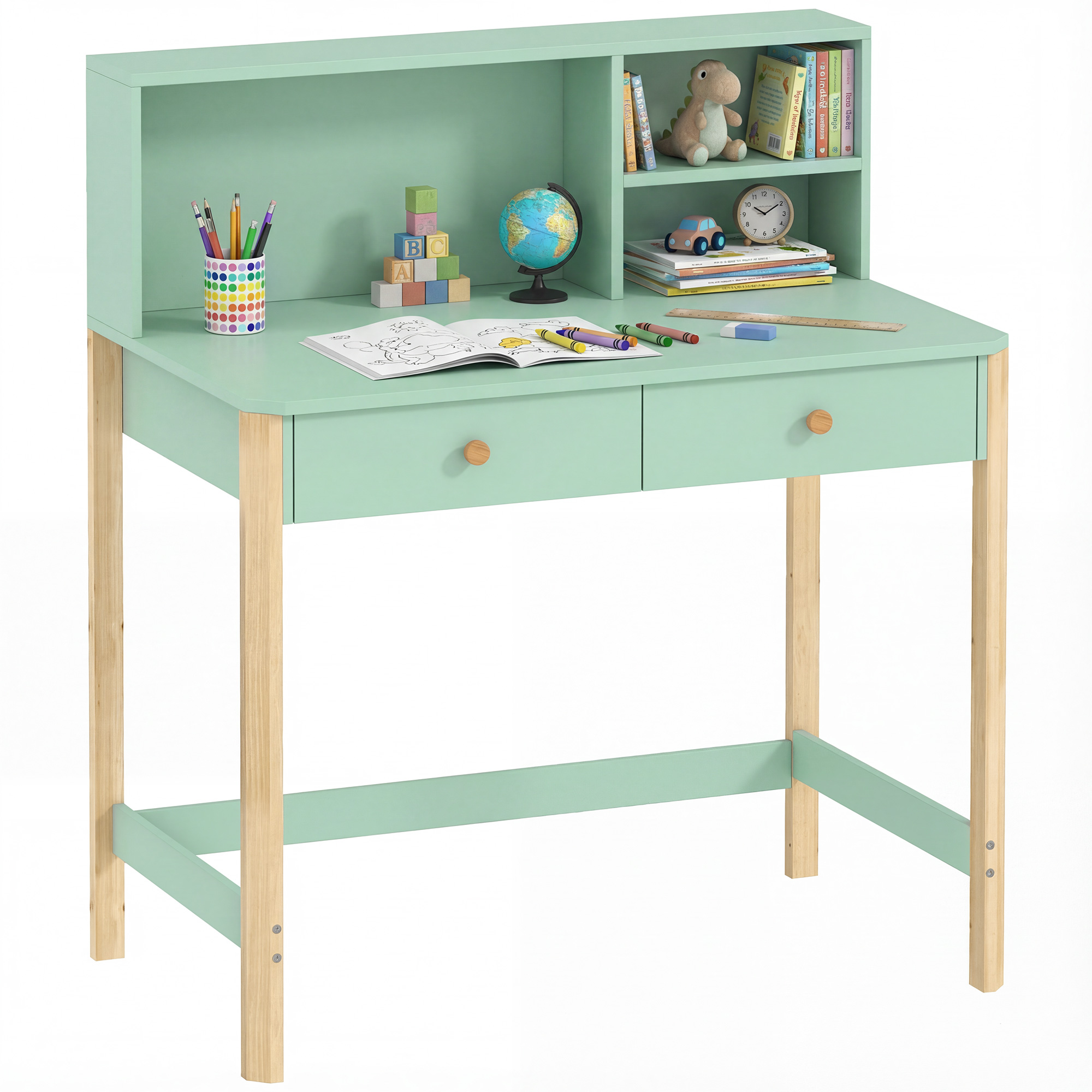 Scrivania per bambini verde con cassetti e scaffale