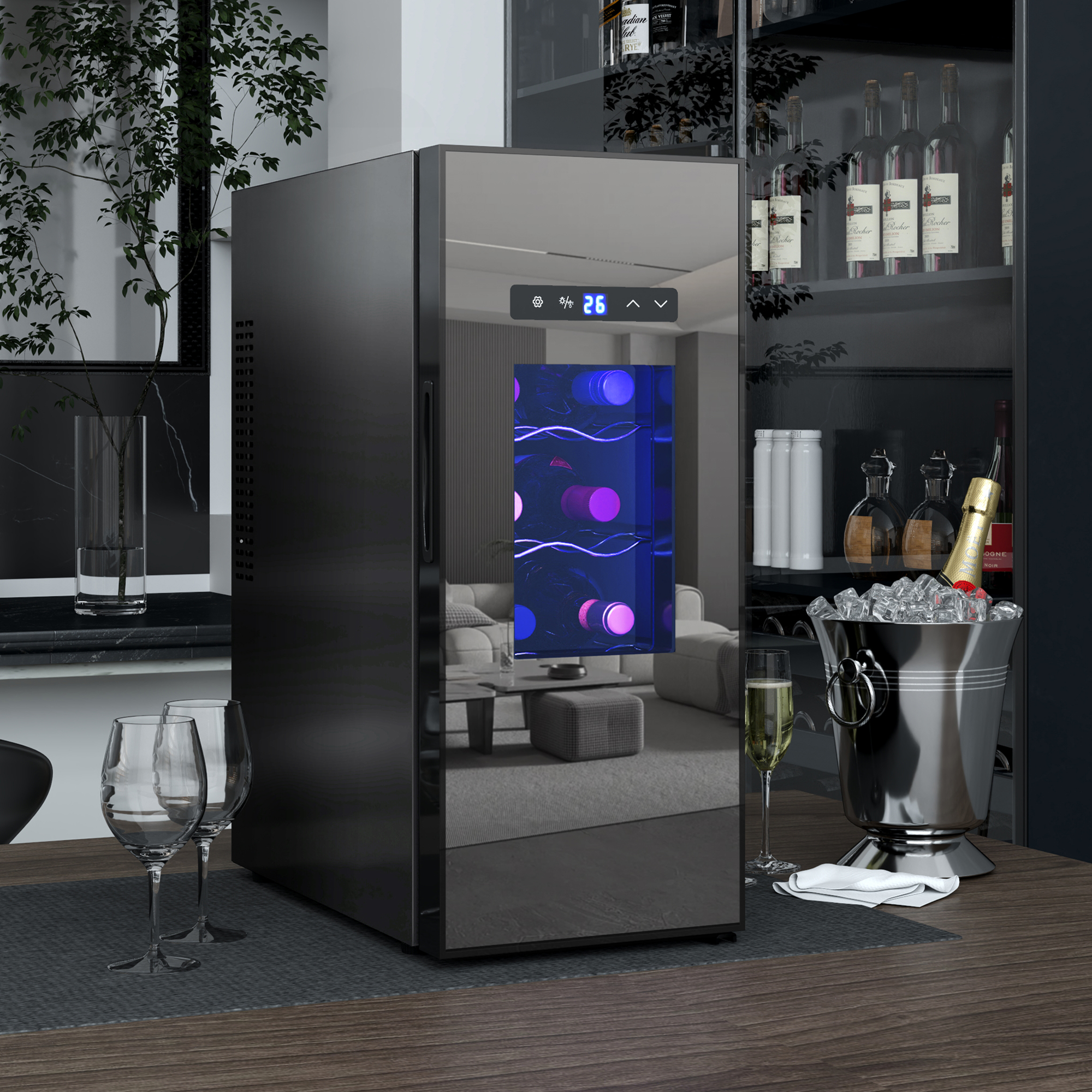 Vista interna cantinetta vino con luce LED e display