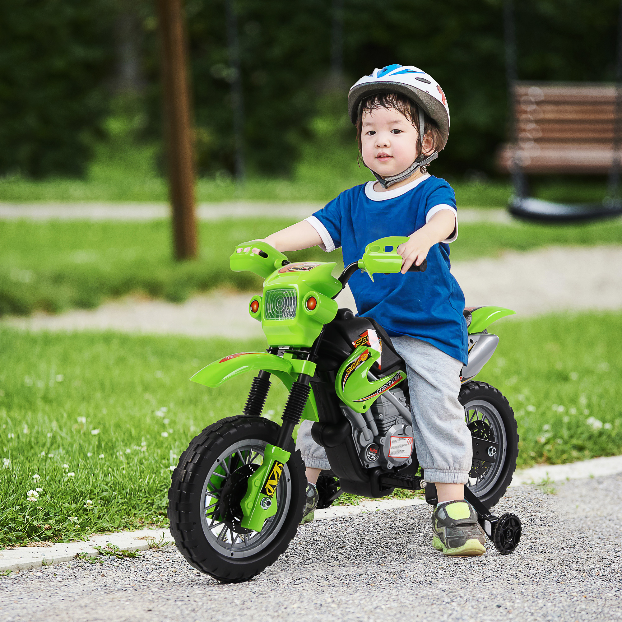 Moto elettrica per bambini con rotelle di supporto