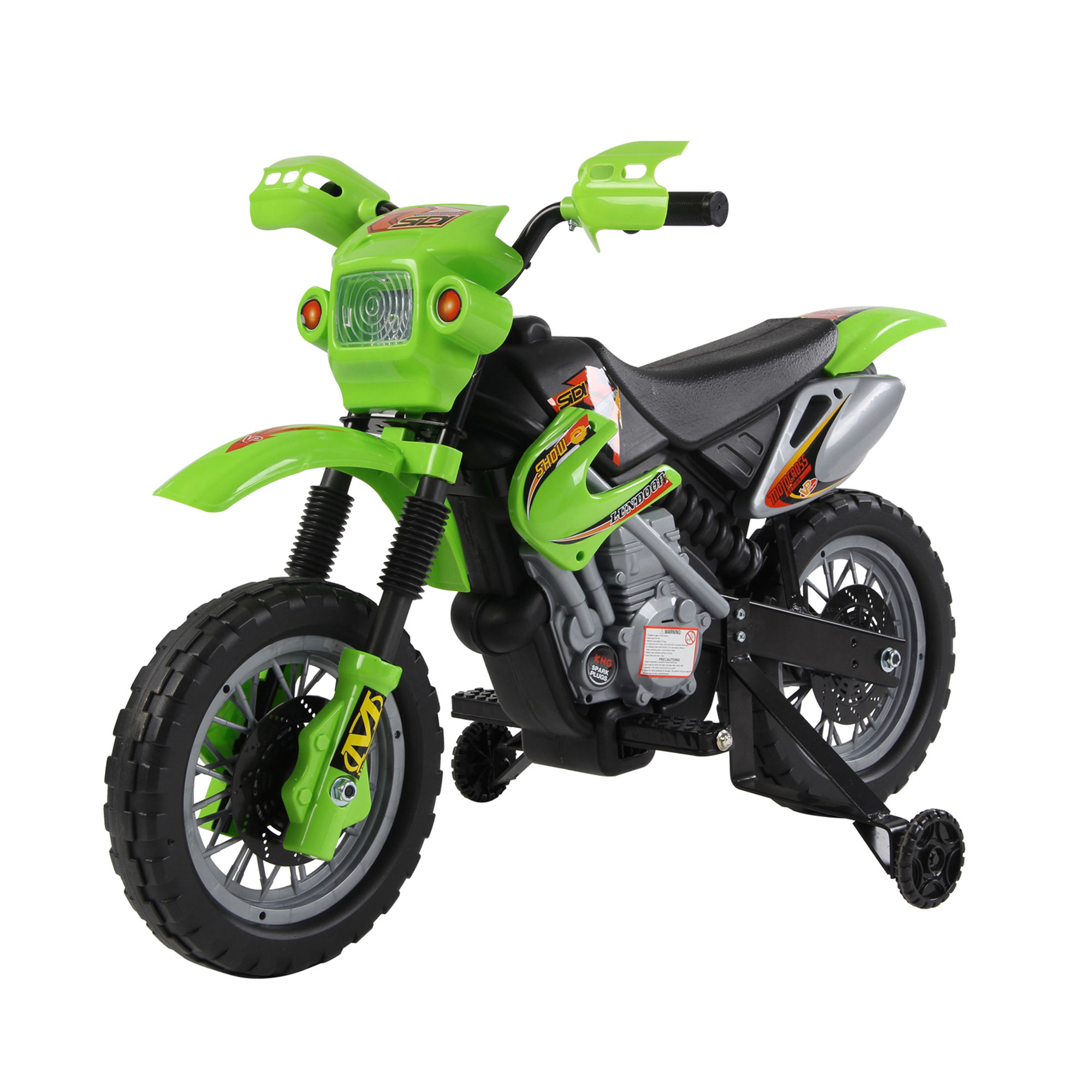Dettaglio moto cross elettrica per bambini con fari e musica