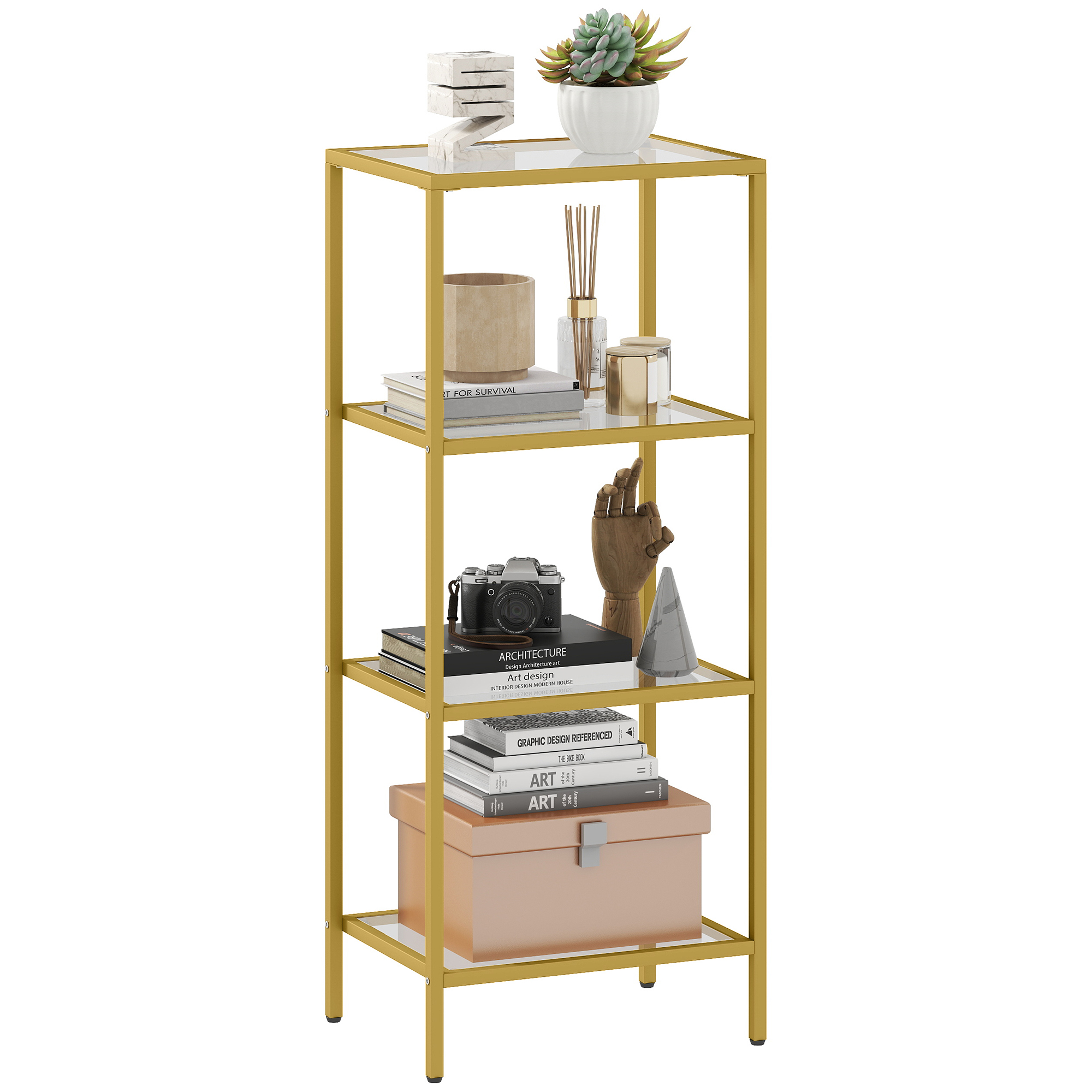 Mobiletto scaffale a 4 livelli in metallo e vetro temperato color oro