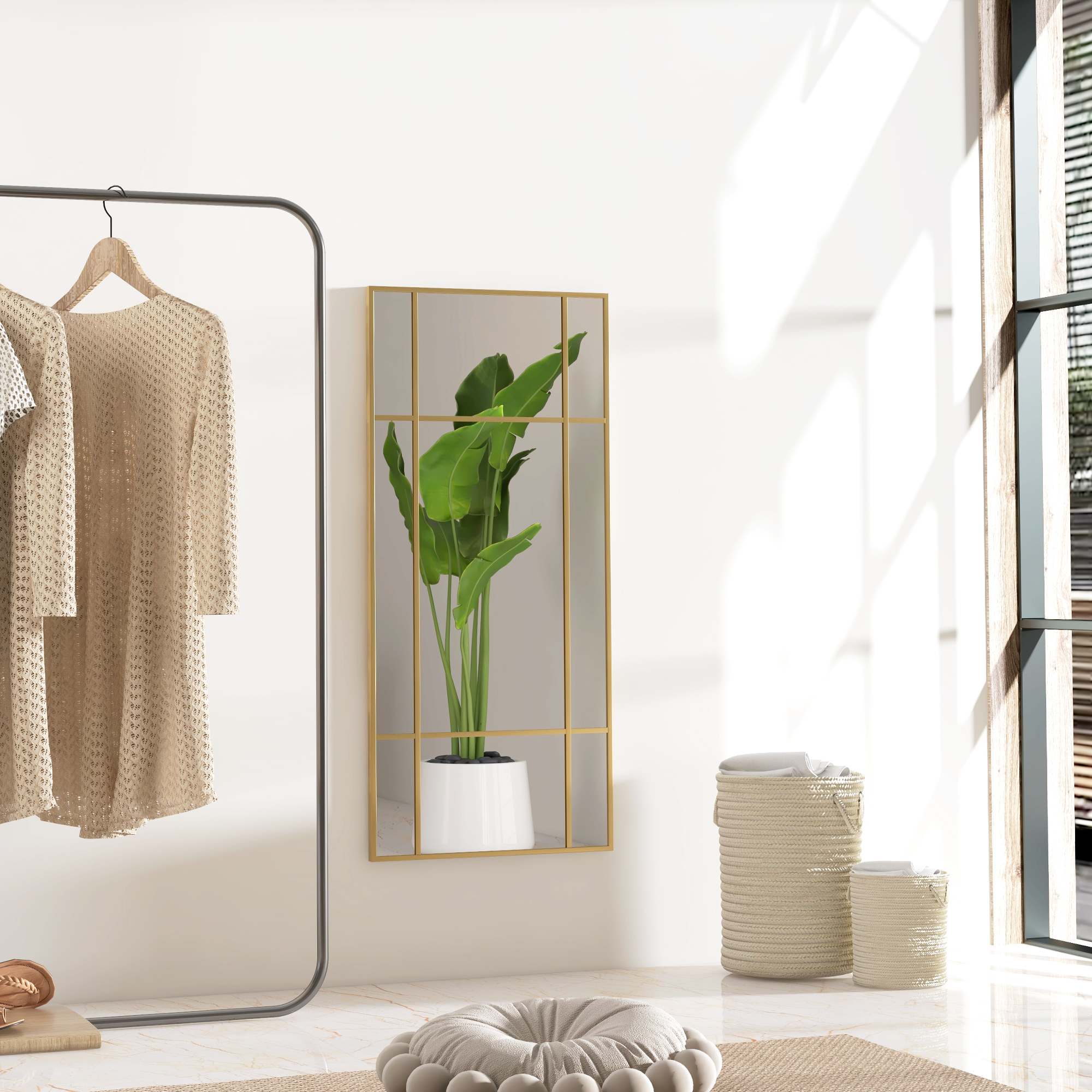 Specchio da parete stile finestra oro ambientato