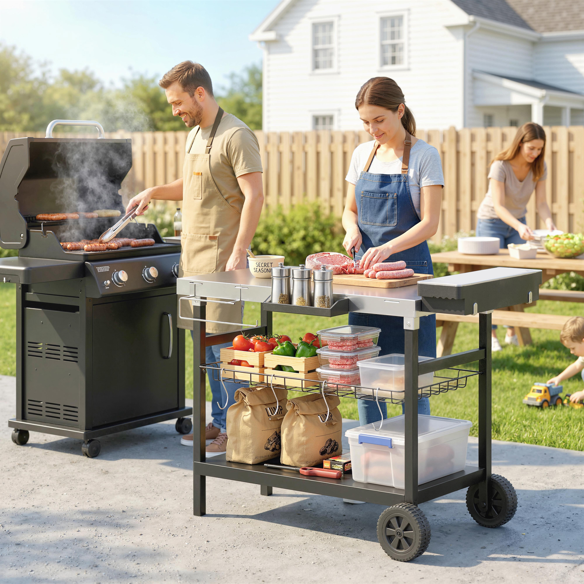 Immagine prodotto - Vista carrello barbecue con ripiani e accessori