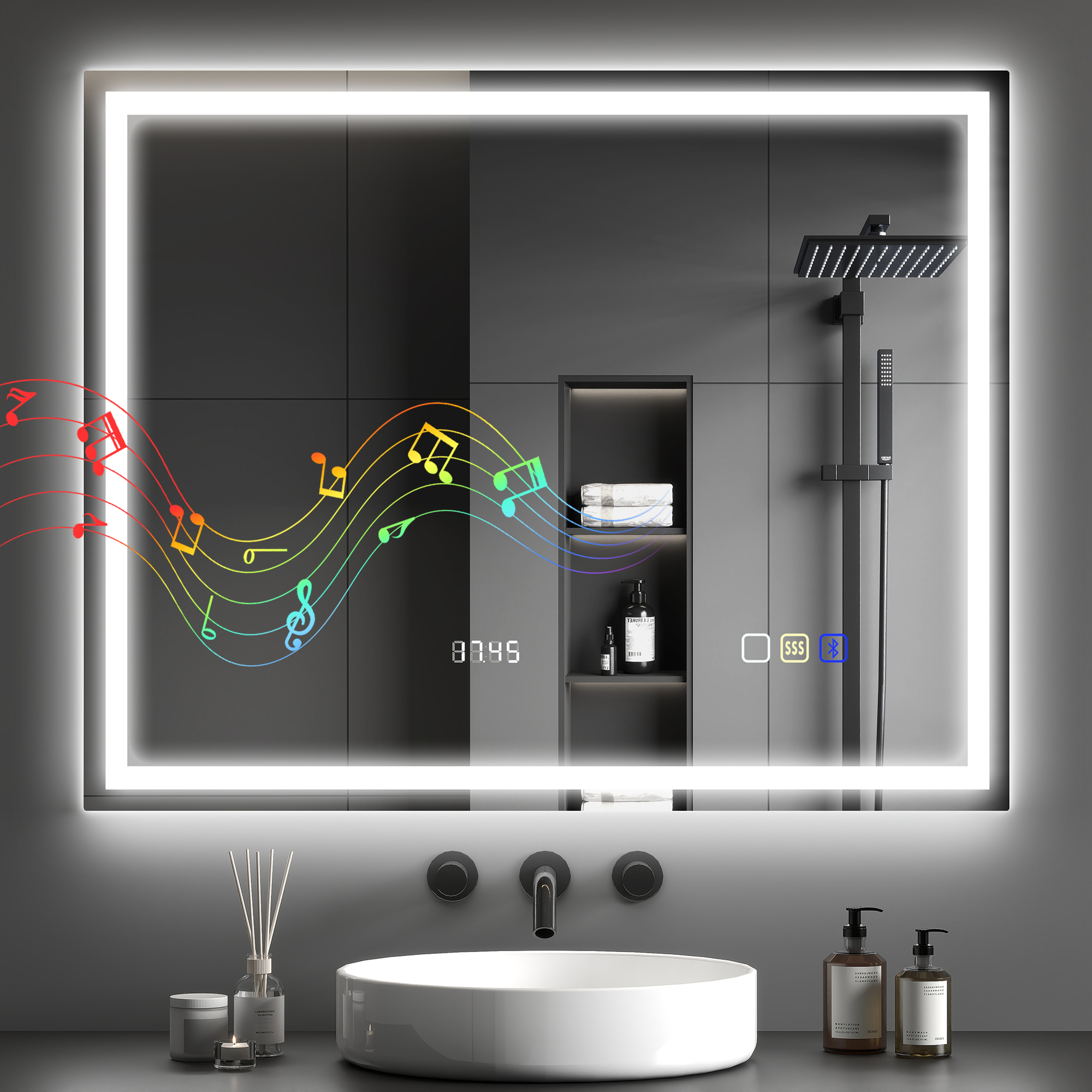 Specchio intelligente con Bluetooth e antiappannamento