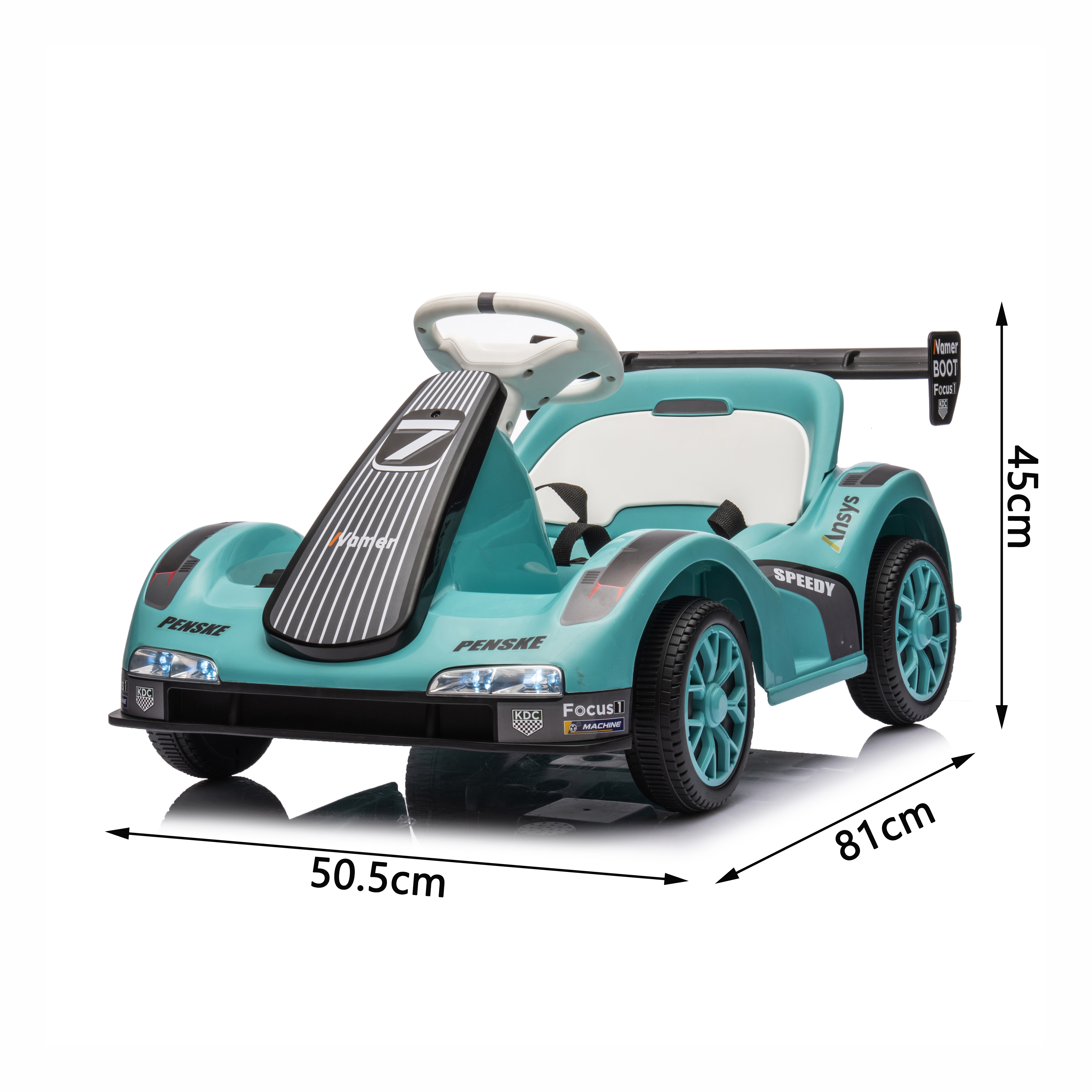 Go kart cavalcabile a batteria vista laterale