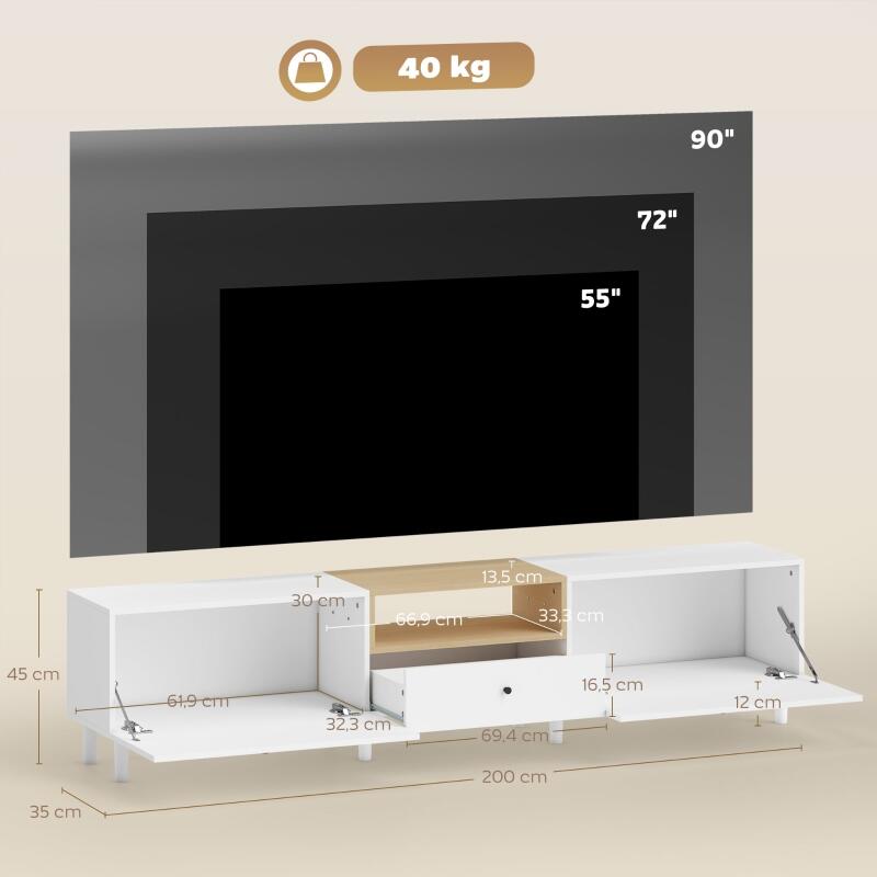 200 cm TV-Kommode für Fernseher bis zu 90 Zoll, 2 Klappenfächer, offenes Fach, Schublade, 8 Beine, Spanplatte, Weiß
